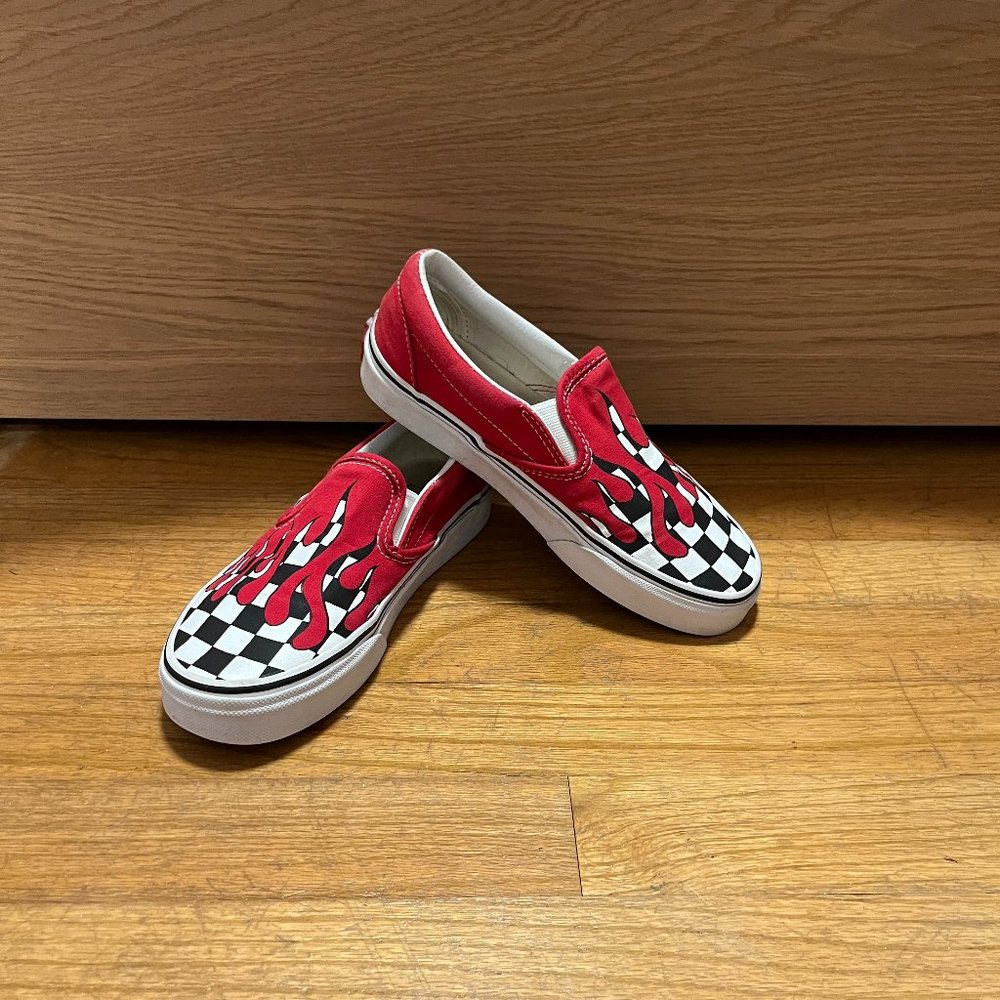 Black and White Checkered Vans With Red Flames Slip-on Shoes